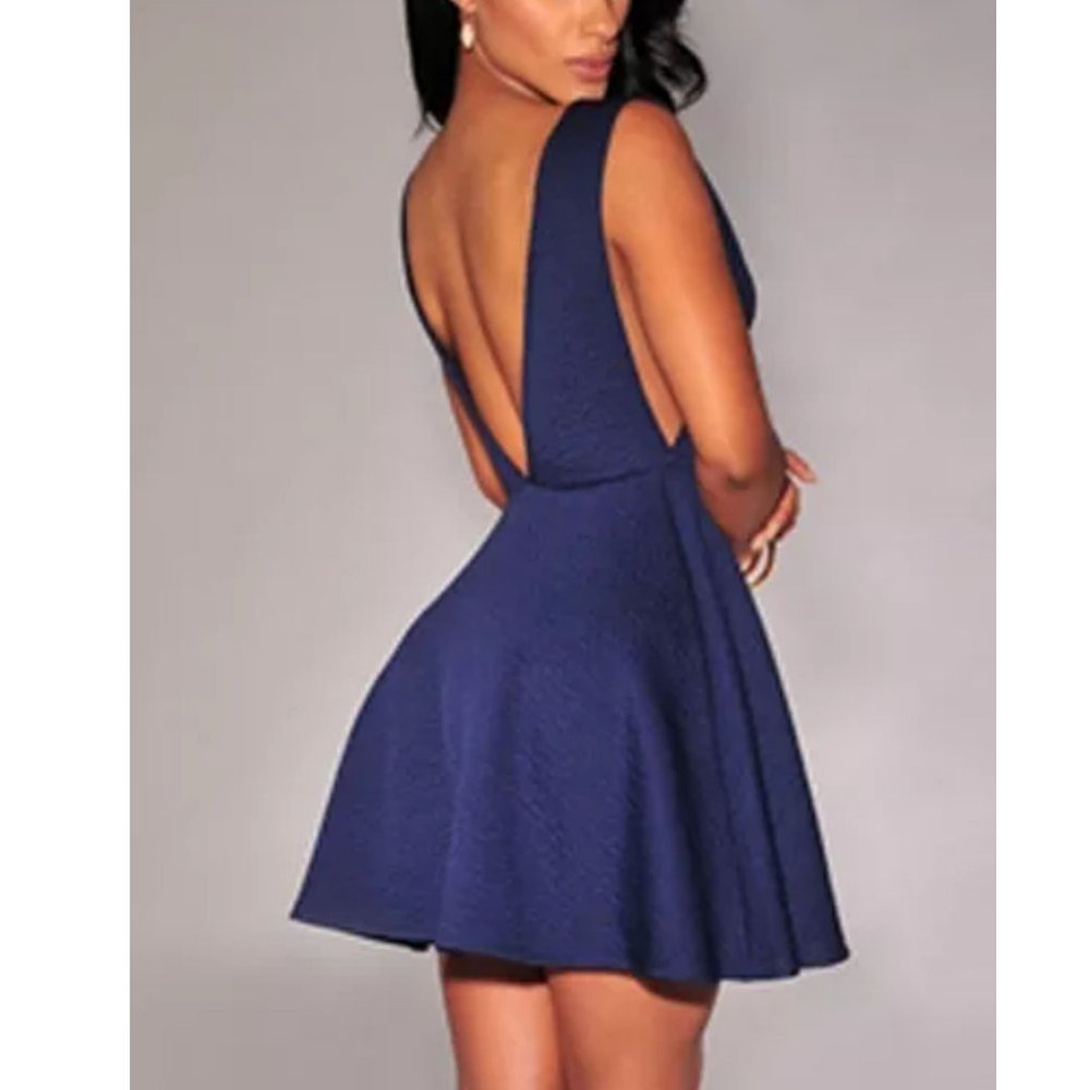 Deep V-Back Textured Skater Dress blue M